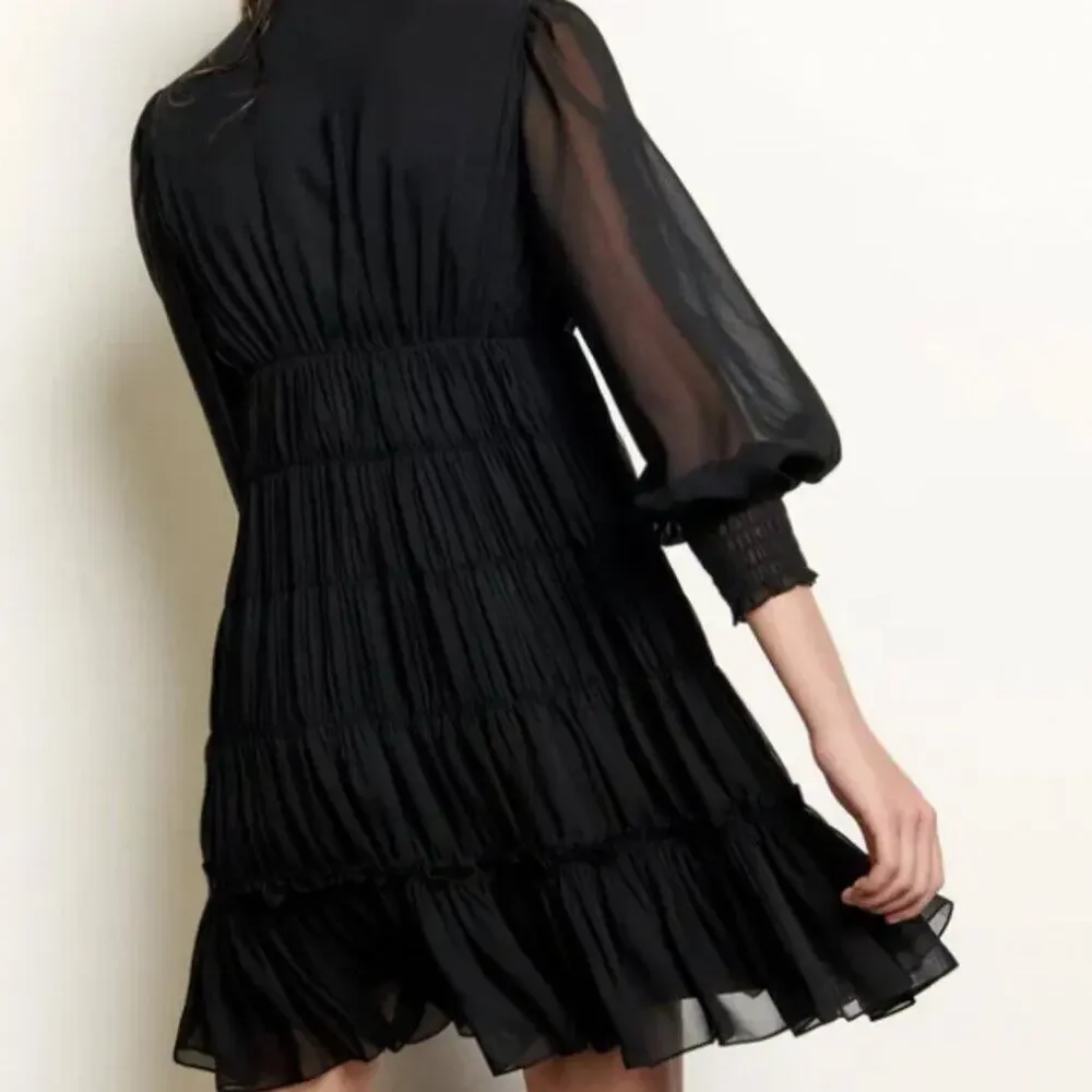 Sandro Voile Tiered Ruffle Mini Dress Black